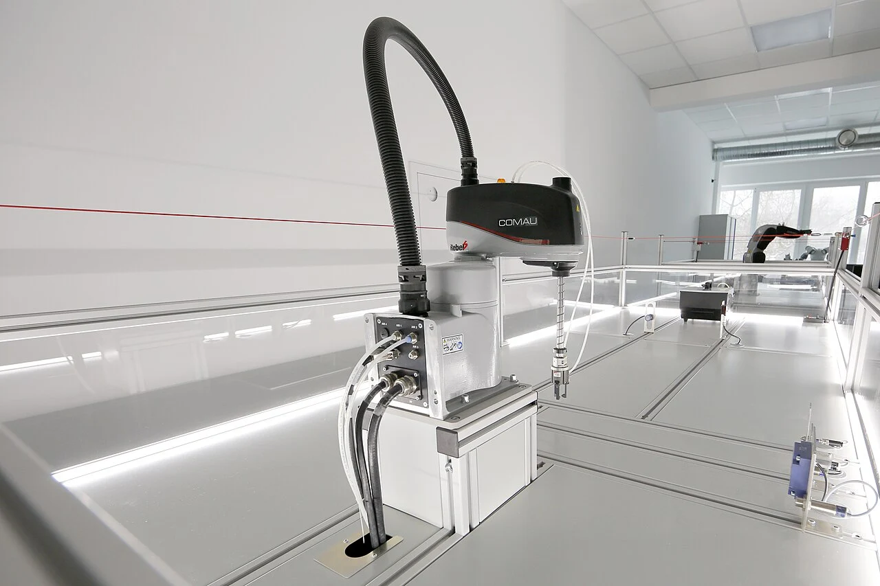 A robotic arm in a laboratory work area
