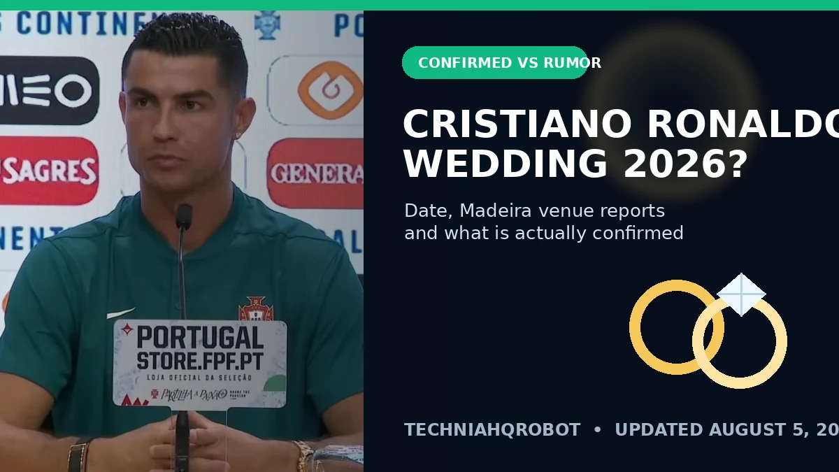 Cristiano Ronaldo wedding 2026 editorial graphic separating confirmed facts from rumors